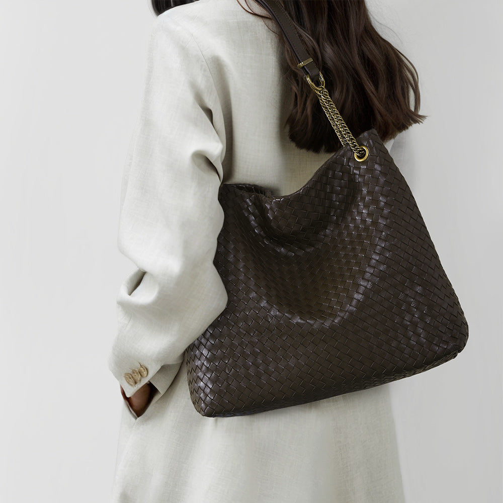Genuine leather woven shoulder bag for women with zipper 6